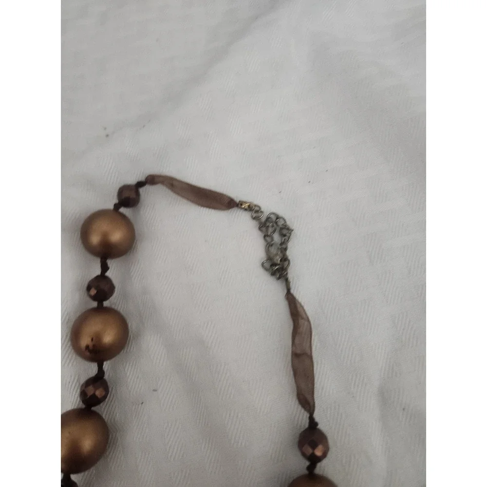 Bronze Statement Necklace Chunky Matte Beaded Ribbon Accent Adjustable Length